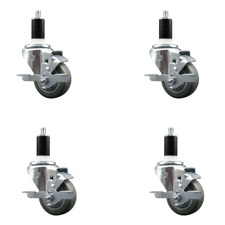 Service Caster 3'' SS Gray Poly Swivel 1-3/8'' Expanding Stem Caster Set with Brake, 4PK SCC-SSEX20S314-PPUB-TLB-138-4